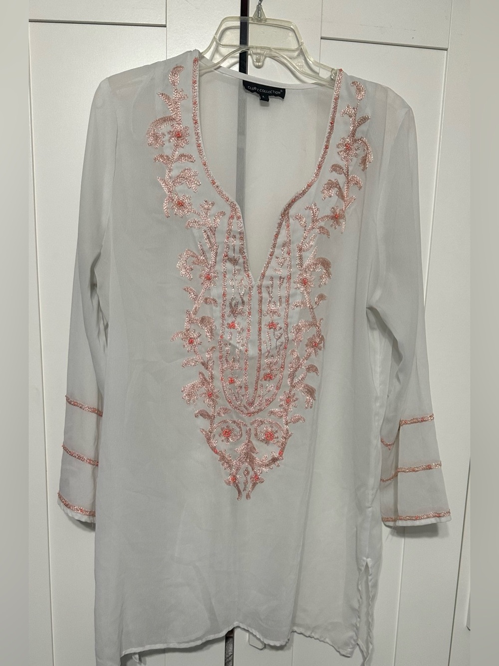 White Tunic Swim Cover Up Top with Pink Embroidery